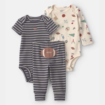 Baby Boy 3-Piece Football Bodysuit & Pant Set - Grey/Ivory