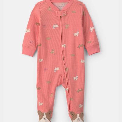 Baby Girl Dog Cotton 2-Way Zip Sleep & Play Pajamas - Coral