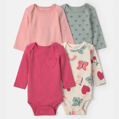 Baby Girl 4-Pack Heart Butterfly Long-Sleeve Bodysuits