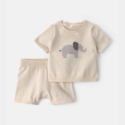 Baby 2-Piece Elephant Short-Sleeve Sweater Top & Short Set - Ivory