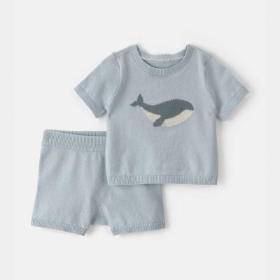 Baby 2-Piece Whale Short-Sleeve Sweater Top & Short Set - Blue