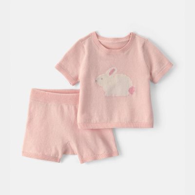 Baby Girl 2-Piece Bunny Short-Sleeve Sweater Top & Short Set - Pink