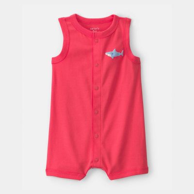 Baby Boy Shark Romper - Coral