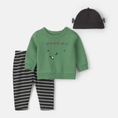 Baby 3-Piece Halloween Monster Top & Pant Set - Green/Black