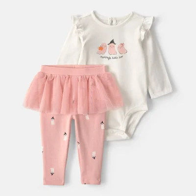 Baby Girl 2-Piece 'Mommy's Little Boo' Halloween Long-Sleeve Bodysuit & Pant Set - Cream/Pink