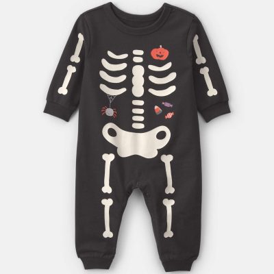 Baby Halloween Skeleton French Terry Long-Sleeve Jumpsuit - Charcoal