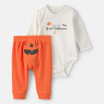Baby 2-Piece 'Baby's First Halloween' Long-Sleeve Bodysuit & Pant Set - Orange/Cream