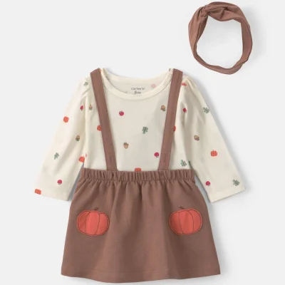 Baby Girl 3-Piece Thanksgiving Long-Sleeve Dress Set - Cream/Brown