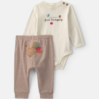 Baby 2-Piece 'Baby's First Thanksgiving' Top & Pant Set - Brown/Cream
