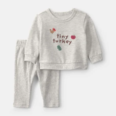 Baby 2-Piece 'Tiny Turkey' French Terry Top & Pant Set - Grey