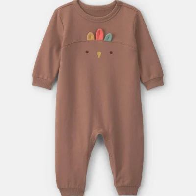 Baby Turkey Thanksgiving French Terry Long-Sleeve Jumpsuit - Brown