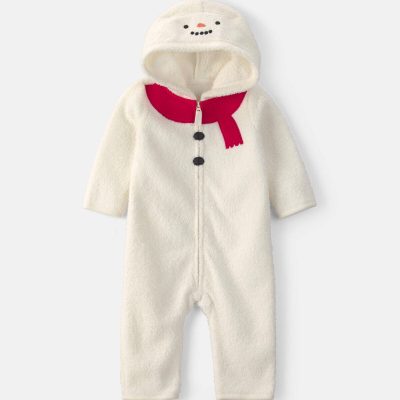 Baby Snowman Fleece Long-Sleeve Jumpsuit - Cream