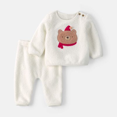 Baby 2-Piece Bear Fleece Long-Sleeve Top & Pant Set - Cream
