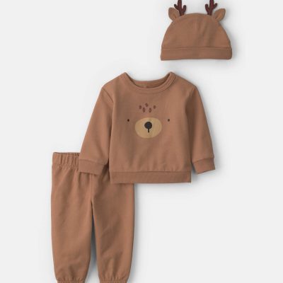 Baby 3-Piece Reindeer Christmas Long-Sleeve Top & Pant Set - Brown