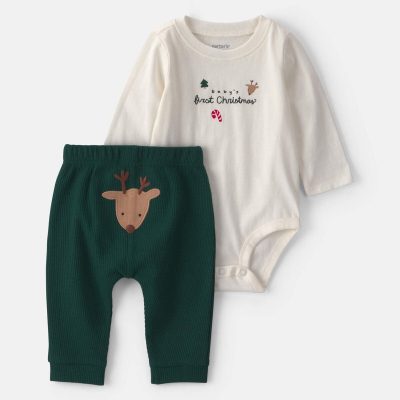 Baby 2-Piece 'Baby's First Christmas' Long-Sleeve Bodysuit & Pant Set - Ivory/Green
