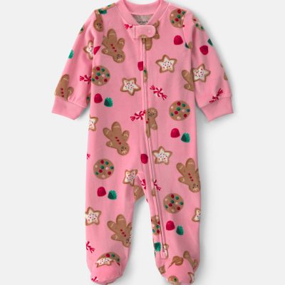Baby Girl Christmas Gingerbread 2-Way Zip DreamPlush Sleep & Play Pajamas - Pink