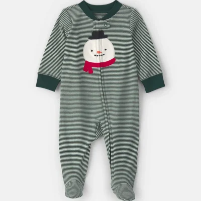 Baby Snowman 100% Cotton 2-Way Zip Sleep & Play Pajamas - Green