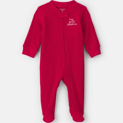 Baby 'My First Christmas' Cotton Thermal Sleep & Play Pajamas - Red
