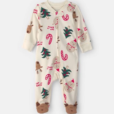 Baby Christmas Icon 100% Cotton 2-Way Zip Sleep & Play Pajamas - Cream