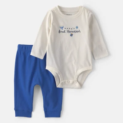 Baby 2-Piece 'Baby's First Hanukkah' Long-Sleeve Bodysuit & Pant Set - Blue/Cream