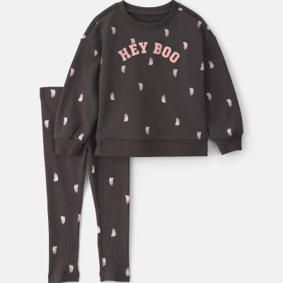 Baby Girl 'Hey Boo' Ghost French Terry Long-Sleeve Top & Pant Set - Black