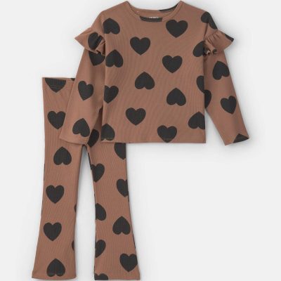 Baby Girl Heart Long-Sleeve Top & Pant Set - Brown/Black