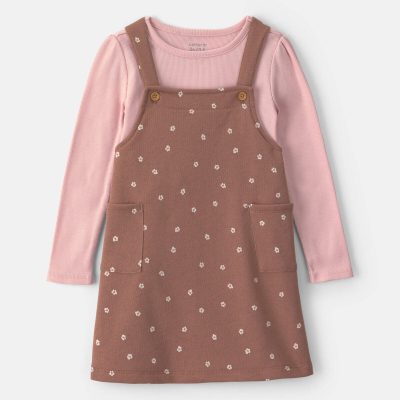 Baby Girl Floral French Terry Long-Sleeve Dress Set - Pink/Brown