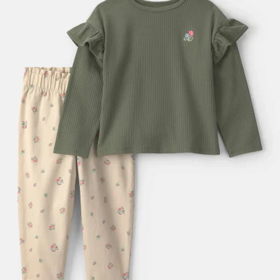 Baby Girl 2-Piece Floral Twill Long-Sleeve Top & Pant Set - Green/Cream