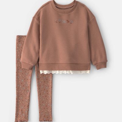 Baby Girl 2-Piece Floral Fleece Sweatshirt & Pant Set - Brown