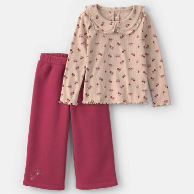 Baby Girl 2-Piece Floral Fleece Long-Sleeve Top & Pant Set - Brown/Red