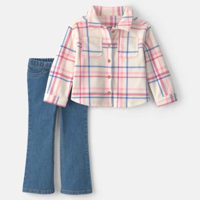 Baby Girl 2-Piece Plaid Fleece Long-Sleeve Top & Pant Set