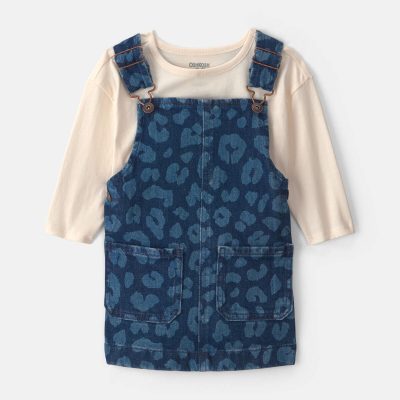 Baby Girl 2-Piece Leopard Denim Long-Sleeve Overall Set - Dark Wash