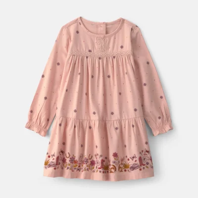Baby Girl Floral Twill Long-Sleeve Dress - Pink