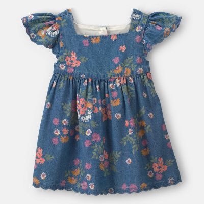 Baby Girl Floral Denim Short-Sleeve Dress - Dark Wash