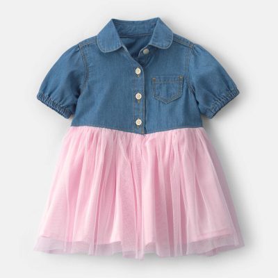 Baby Girl Chambray Tulle Short-Sleeve Dress - Light Wash