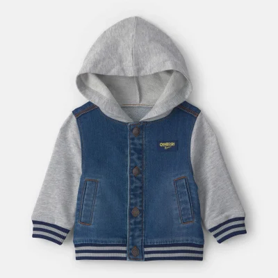 Baby Boy Varsity Hooded Denim Jacket - Indigo/Grey