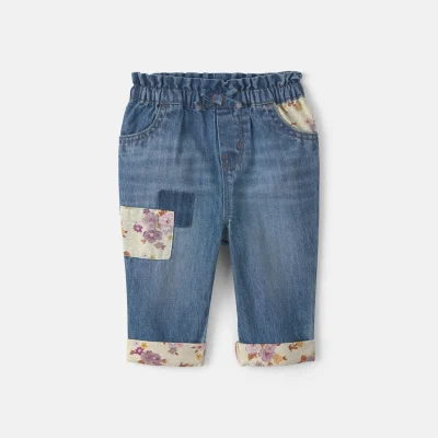 Baby Girl Floral Patch Denim Pull-On Jeans - Light Wash