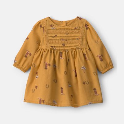Baby Girl Horseshoe Twill Long-Sleeve Dress - Khaki