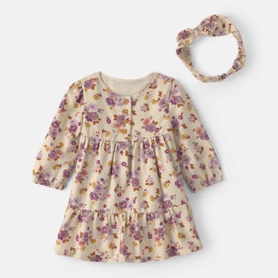 Baby Girl 2-Piece Floral Twill Long-Sleeve Dress - Cream
