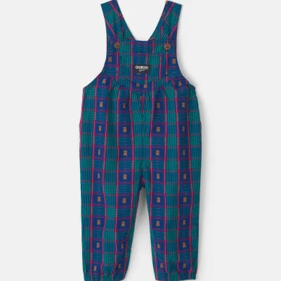 Baby Girl Plaid Bear Overalls - Blue