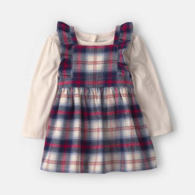 Baby Girl 2-Piece Plaid Flannel Long-Sleeve Dress Set