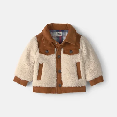 Baby Boy Color Block Teddy Fleece Jacket - Khaki/Cream
