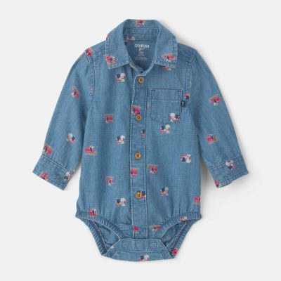 Baby Boy Snowman Chambray Long-Sleeve Bodysuit - Blue