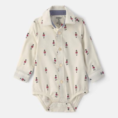 Baby Boy Nutcracker Christmas Long-Sleeve Button-Down Bodysuit - White/Red/Black