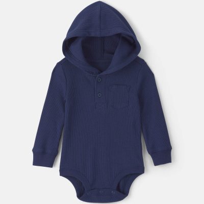 Baby Boy Thermal Long-Sleeve Hooded Bodysuit - Navy Blue