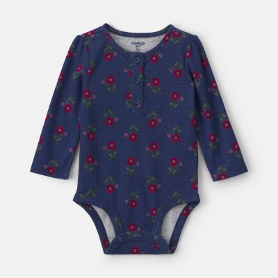 Baby Girl Floral Long-Sleeve Bodysuit - Navy Blue