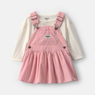 Baby Girl 2-Piece Polka Dots Corduroy Dress Set - Pink/Cream