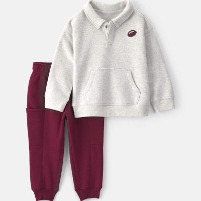 Baby Boy 2-Piece Football Fleece Henley Top & Pant Set - Cream/Burgundy