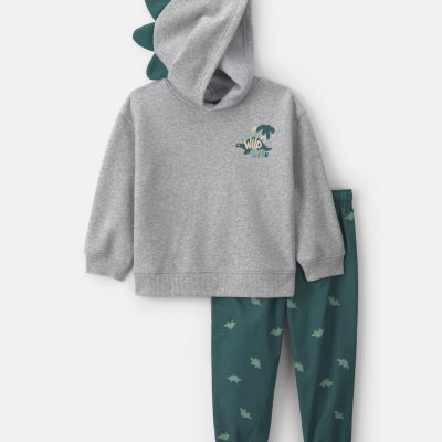 Baby Boy 2-Piece Dinosaur Fleece Hooded Top & Pant Set - Grey/Green