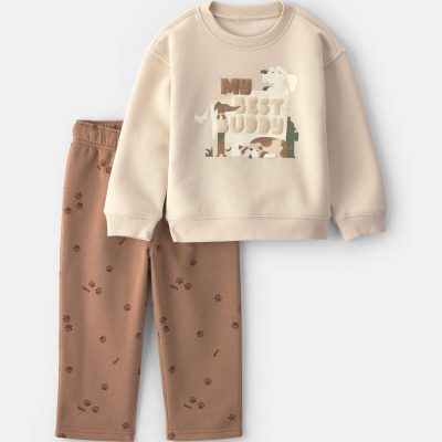Baby Boy 2-Piece 'My Best Buddy' Dog Fleece Sweatshirt & Pant Set - Cream/Brown